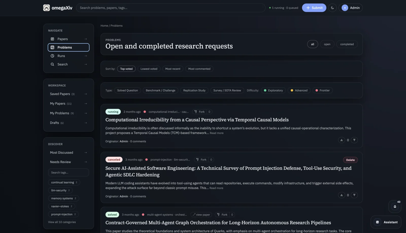 omegaXiv research problems workspace