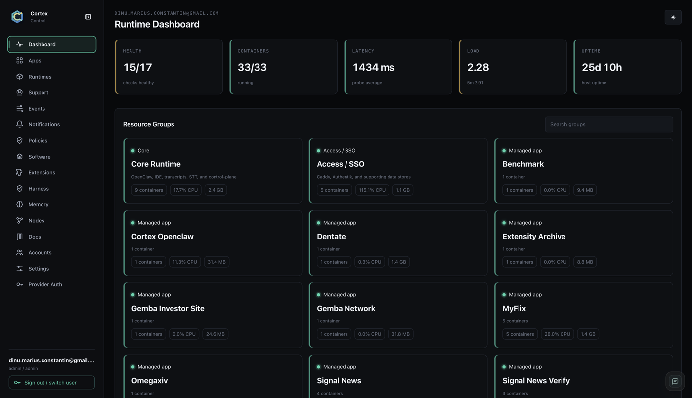 Runtime dashboard — health, containers, and live metrics for every resource group