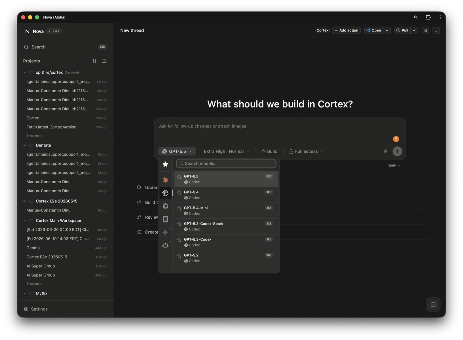 Nova — the full agentic IDE, with model selection and access controls